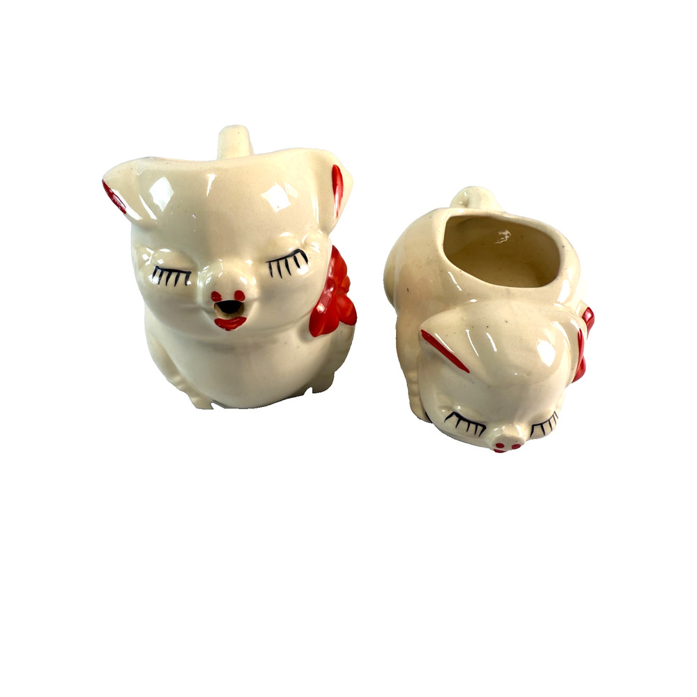 American Bisque Company Vintage Pig Creamer and Sugar Set Cream Color/Red Bow